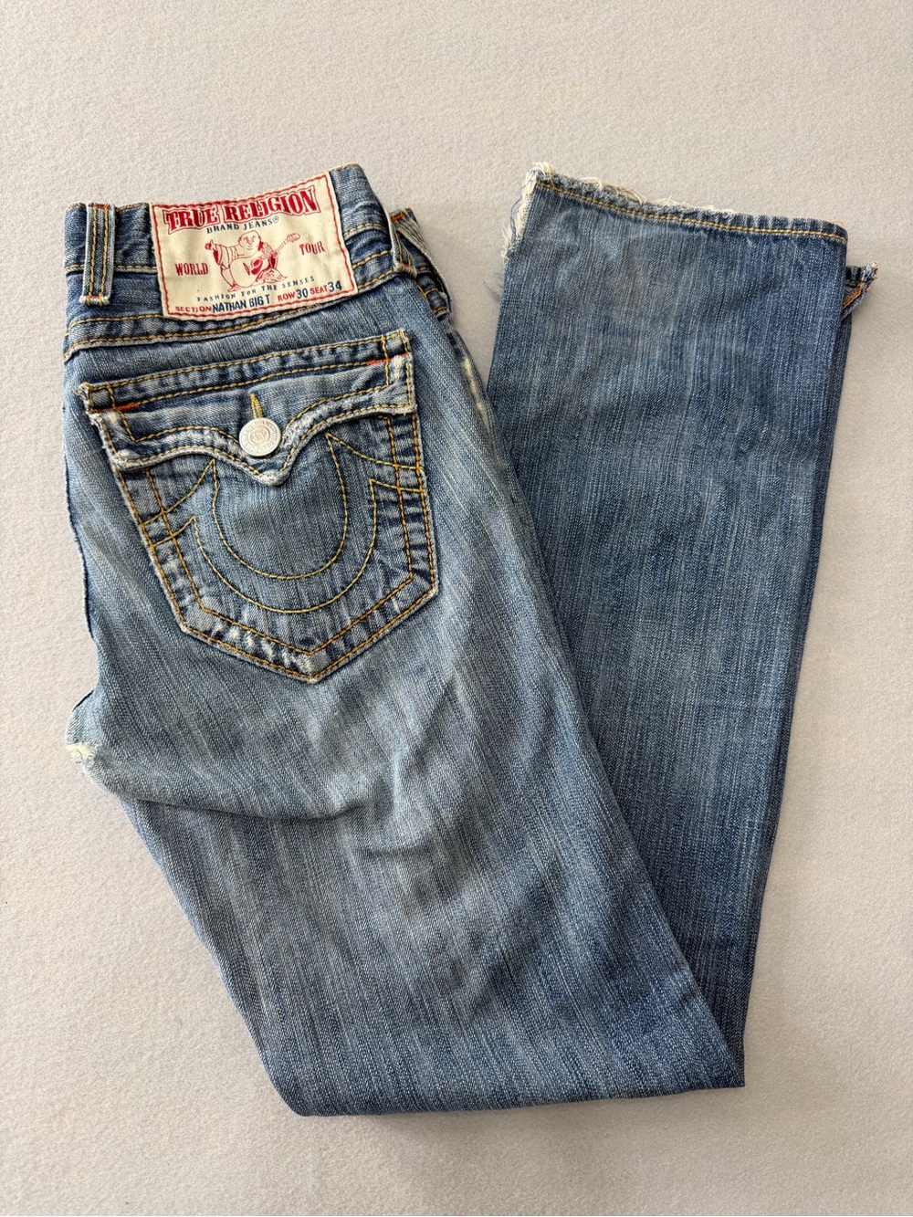 180/1417 True Religion Nathan Big T Jeans Mens 34 Blue Distressed World Tour Y2K